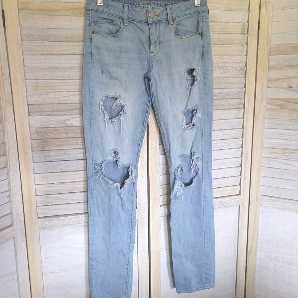 American Eagle Distressed Skinny Light Blue Jeans Womens Size 4 Long 4L 90s Y2K